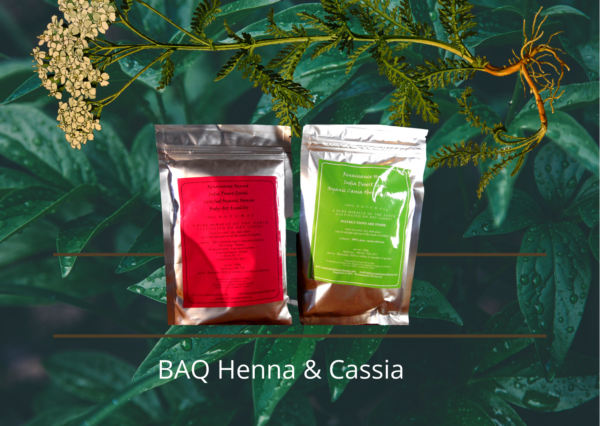 Soft red hair colour combo - BAQ henna and cassia product packets displayed against a green leaf and plant background