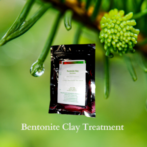 Photo of Renaissance Henna brand bentonite clay in silver foil pouch with white label against a natural green backdrop showing tree branch and water drop hanging off the the edges of green shoots. Bentonite is also white clay for natural pore tightneing