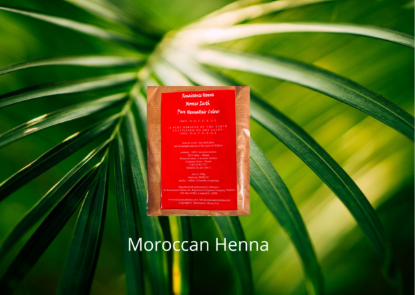natural looking red hair colour , product image of Renaissance Henna Morocco henna against a green leafy background