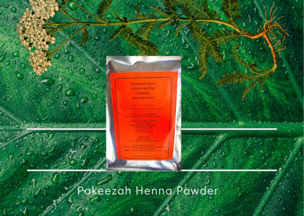 Packet of PPD Free Henna Hair Dye with ornage label, dispayed againast a green leaf and plant background, best red henna