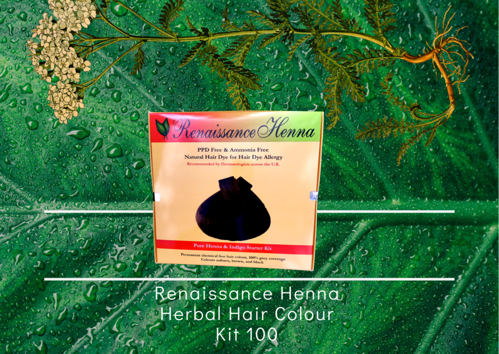 Natural hair colour plant hair dye kit - product image of boxed kit against a green leaf and plant herb background,men's dark brown black hair colour