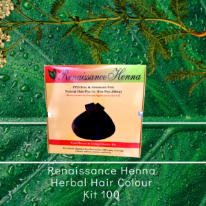 Natural hair colour plant hair dye kit - product image of boxed kit against a green leaf and plant herb background,men's dark brown black hair colour