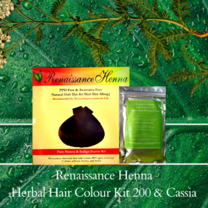 herbal hair colour kit product image against a leaf and plant background