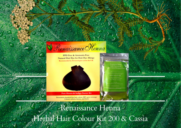herbal hair colour kit product image against a leaf and plant background