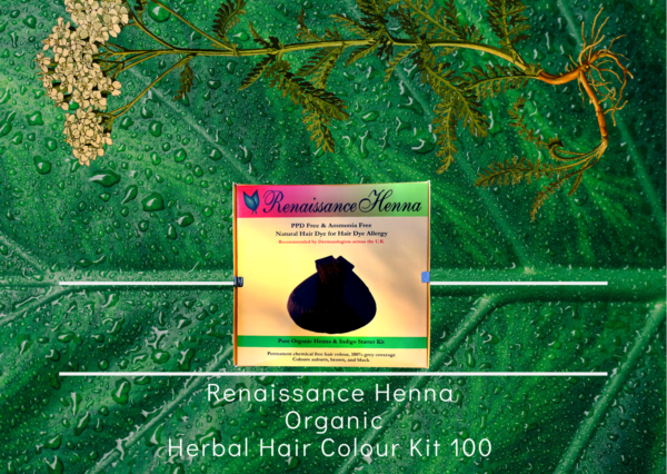 Organic hair colouring kit product image of boxed kit against a green leaf and plant background