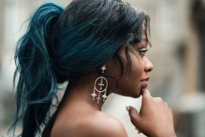 Turqoise Blue Ponytail Hair with Indigo on Grey Hair 