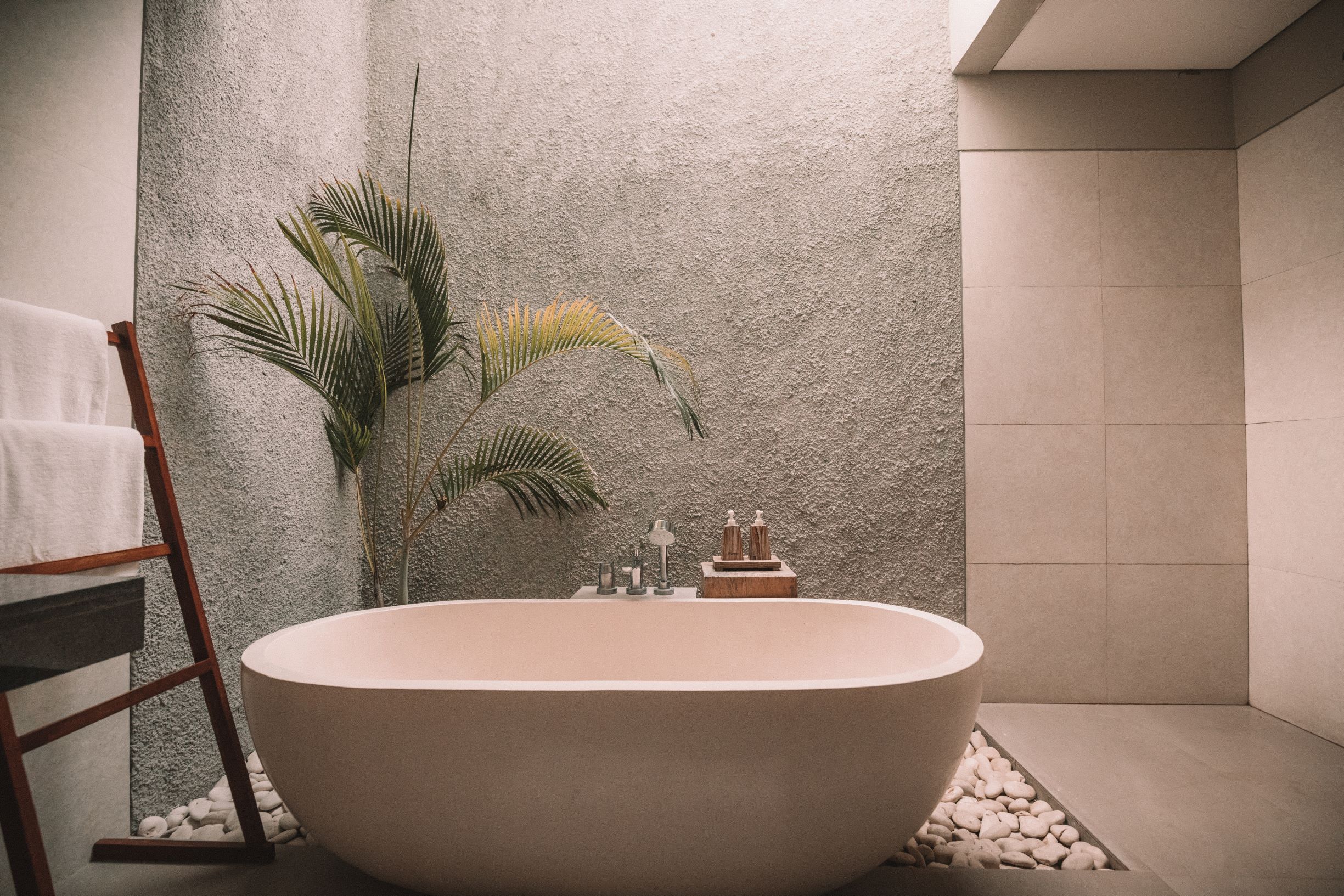 Natural Shampoo, spcaious, calm, stone bathroom with bathing basin in the middle and a green leafy plant in the background